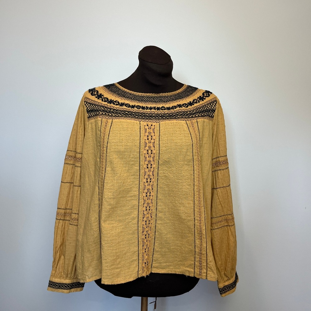 Zara Woman Mustard Yellow Embroidered Crochet Swiss Dot Boho Blouse Top
